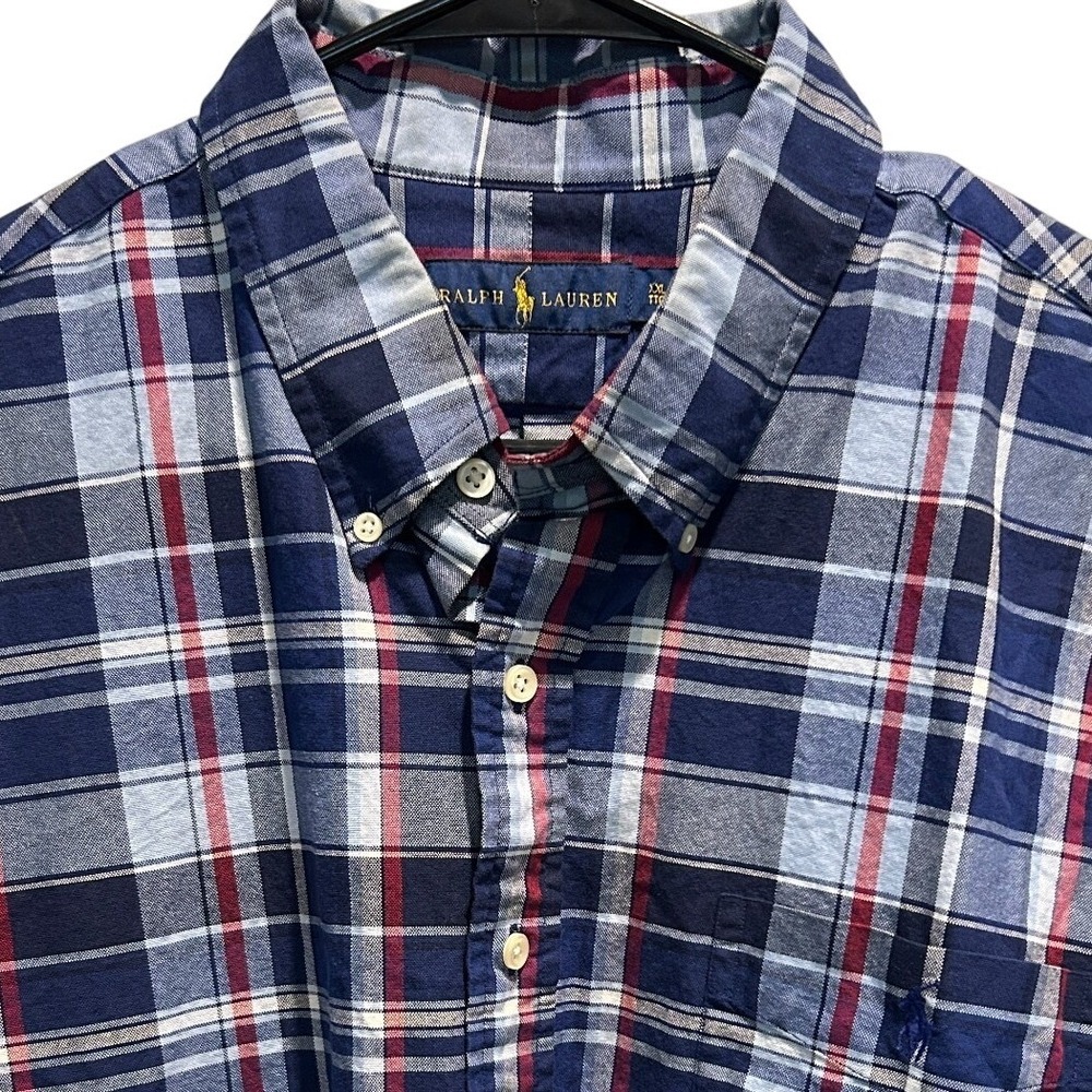 Ralph Lauren Button Down Shirt XXL Mens Navy Blue Red Plaid‎ Short Sleeve Pony